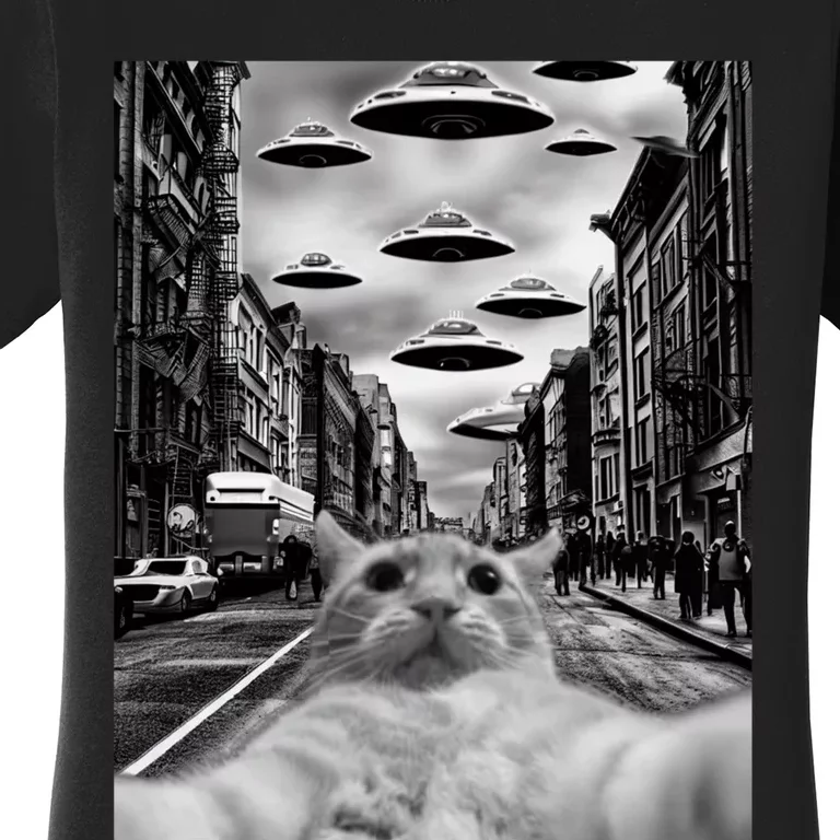 Alien UFO Funny Cat Selfie Women's T-Shirt