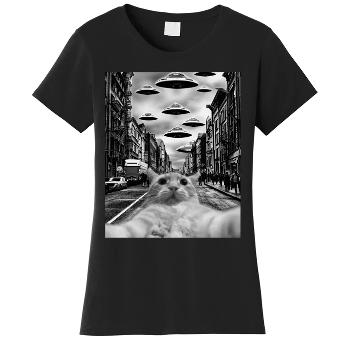 Alien UFO Funny Cat Selfie Women's T-Shirt