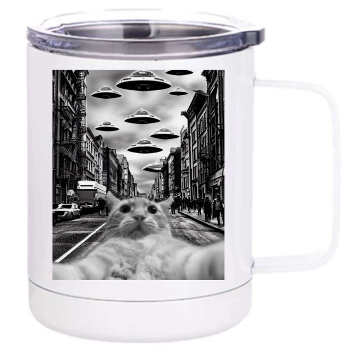 Alien UFO Funny Cat Selfie Front & Back 12oz Stainless Steel Tumbler Cup