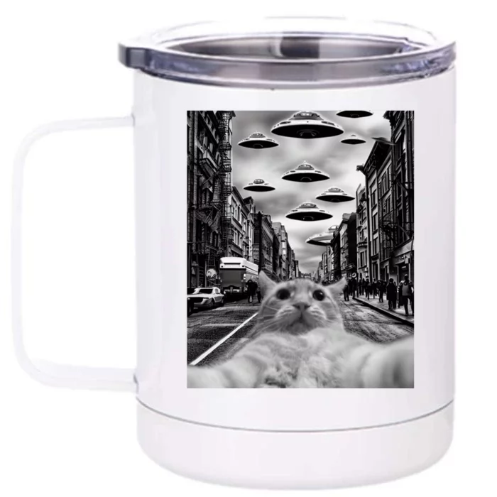 Alien UFO Funny Cat Selfie Front & Back 12oz Stainless Steel Tumbler Cup