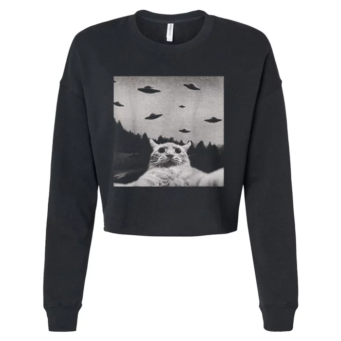 Alien UFO Funny Cat Cropped Pullover Crew