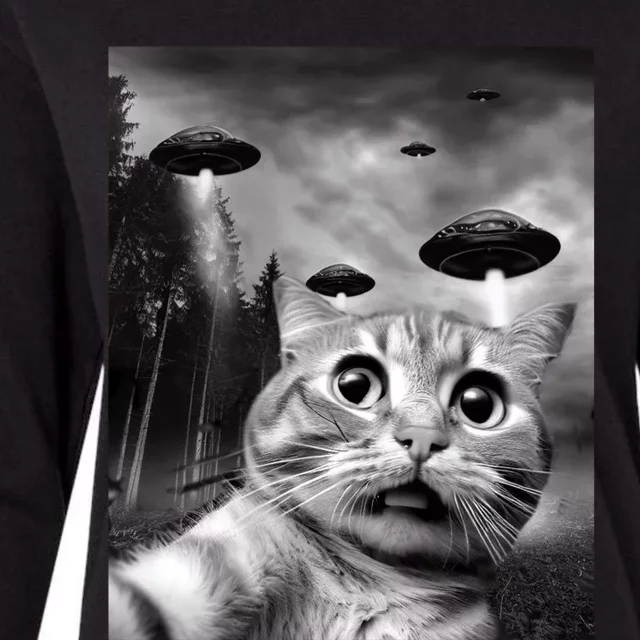 Alien UFO Funny Cat Selfie Womens Cotton Relaxed Long Sleeve T-Shirt