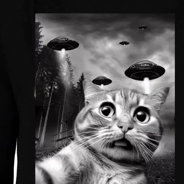 Alien UFO Funny Cat Selfie Womens Funnel Neck Pullover Hood