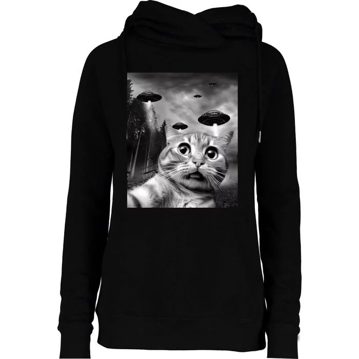 Alien UFO Funny Cat Selfie Womens Funnel Neck Pullover Hood