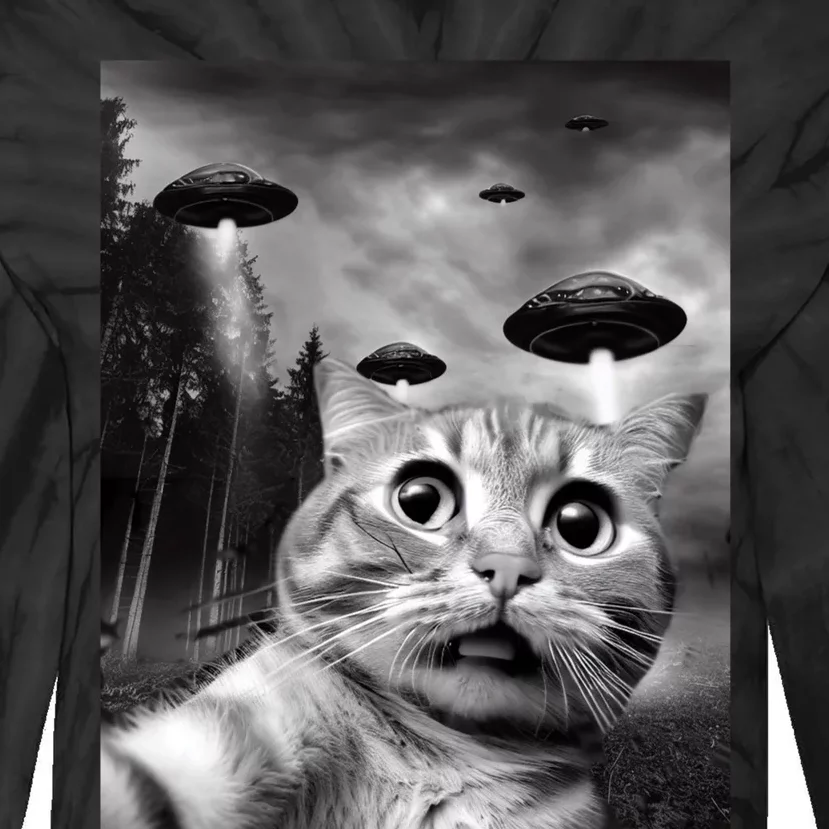 Alien UFO Funny Cat Selfie Tie-Dye Long Sleeve Shirt