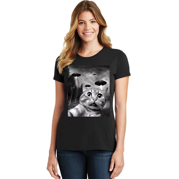 Alien UFO Funny Cat Selfie Women's T-Shirt