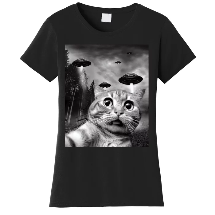 Alien UFO Funny Cat Selfie Women's T-Shirt