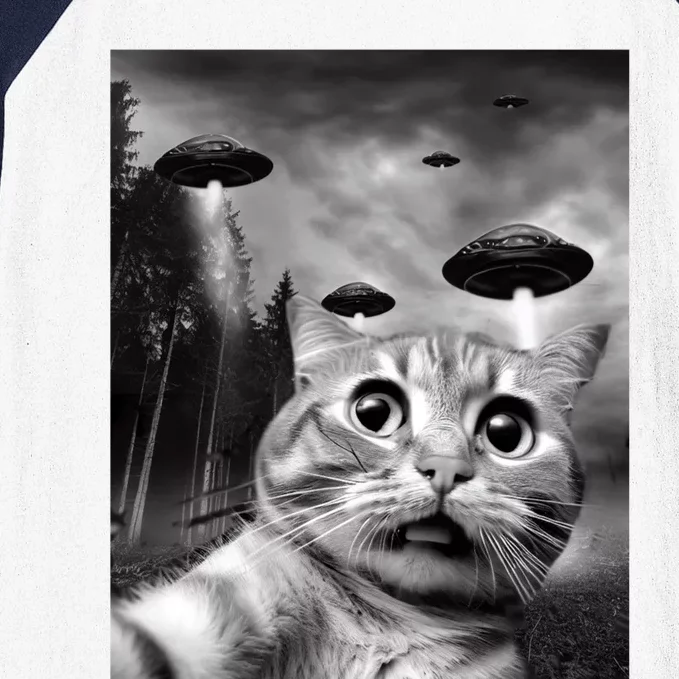 Alien UFO Funny Cat Selfie Baseball Sleeve Shirt