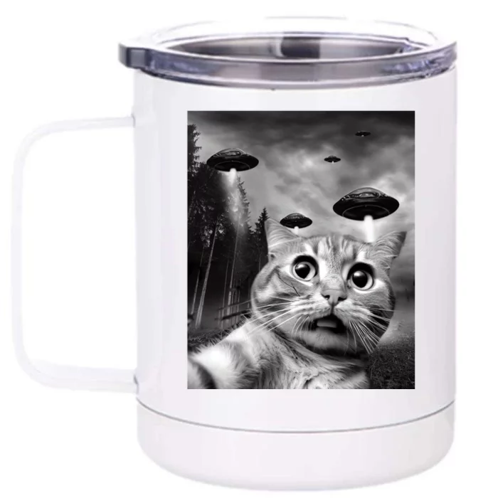 Alien UFO Funny Cat Selfie Front & Back 12oz Stainless Steel Tumbler Cup