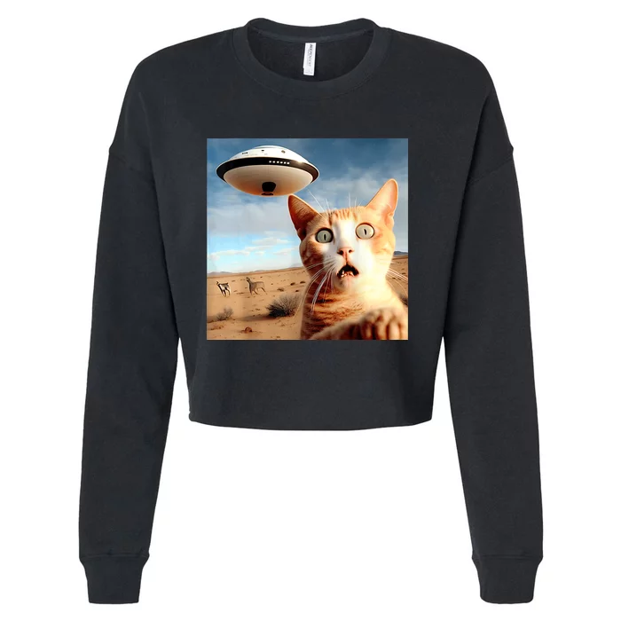 Alien UFO Funny Cat Selfie Cropped Pullover Crew