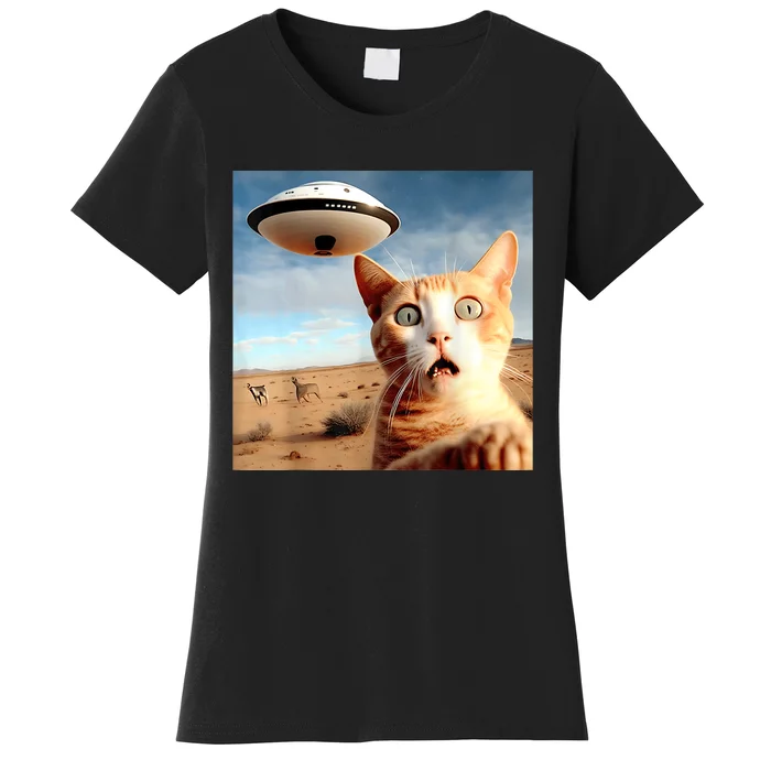 Alien UFO Funny Cat Selfie Women's T-Shirt