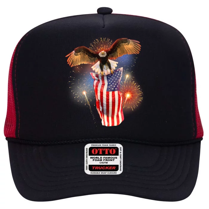 America USA Flag Eagle Fireworks High Crown Mesh Trucker Hat