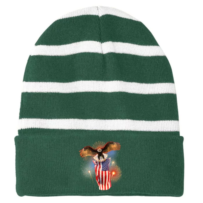 America USA Flag Eagle Fireworks Striped Beanie with Solid Band