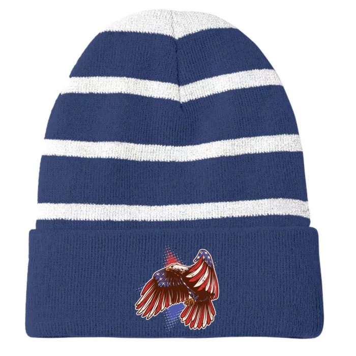 American USA Flag Patriotic Bald Eagle Striped Beanie with Solid Band