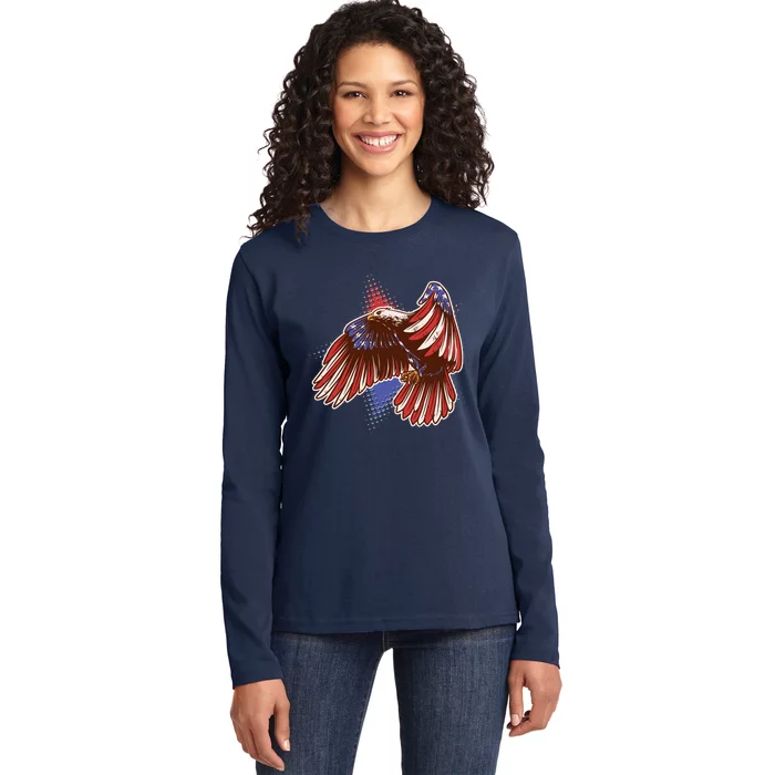 American USA Flag Patriotic Bald Eagle Ladies Long Sleeve Shirt