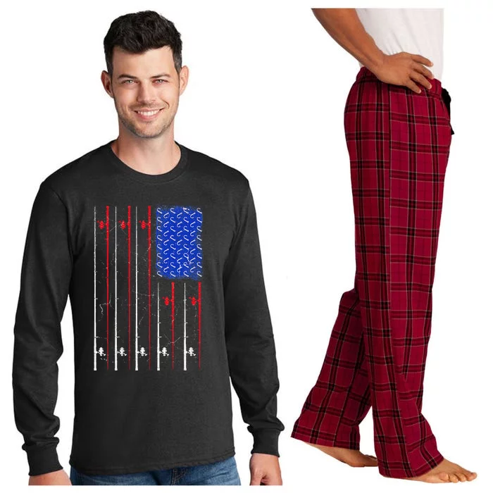 American US Flag Fishing Rod , Fisherman Top For Him Long Sleeve Pajama Set