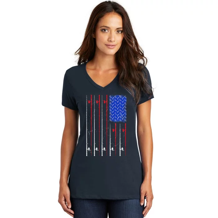 American US Flag Fishing Rod , Fisherman Top For Him Women's V-Neck T-Shirt