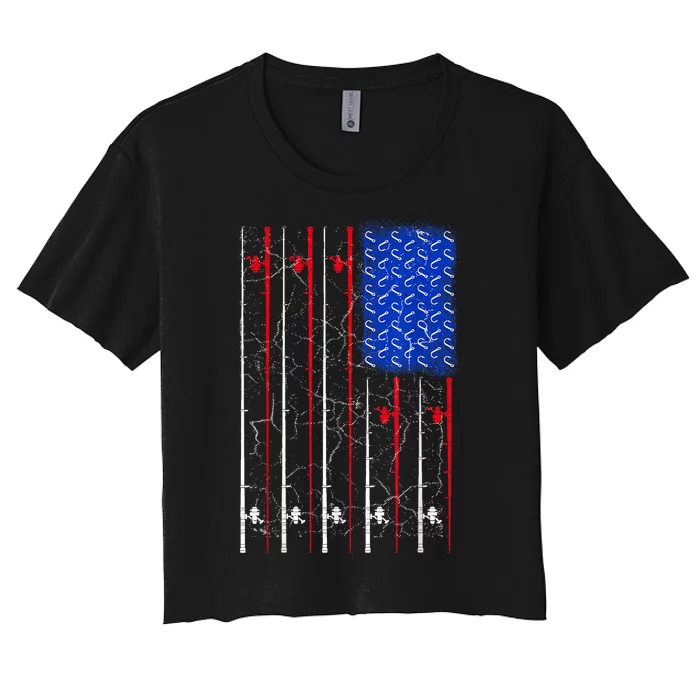 American Us Flag Fishing Rod Top Cool Fisherman Top For Him Women's Crop Top Tee