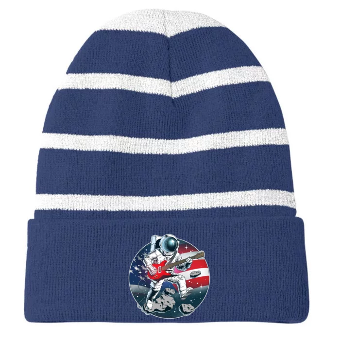 American USA Flag Rocking Space Astronaut Striped Beanie with Solid Band