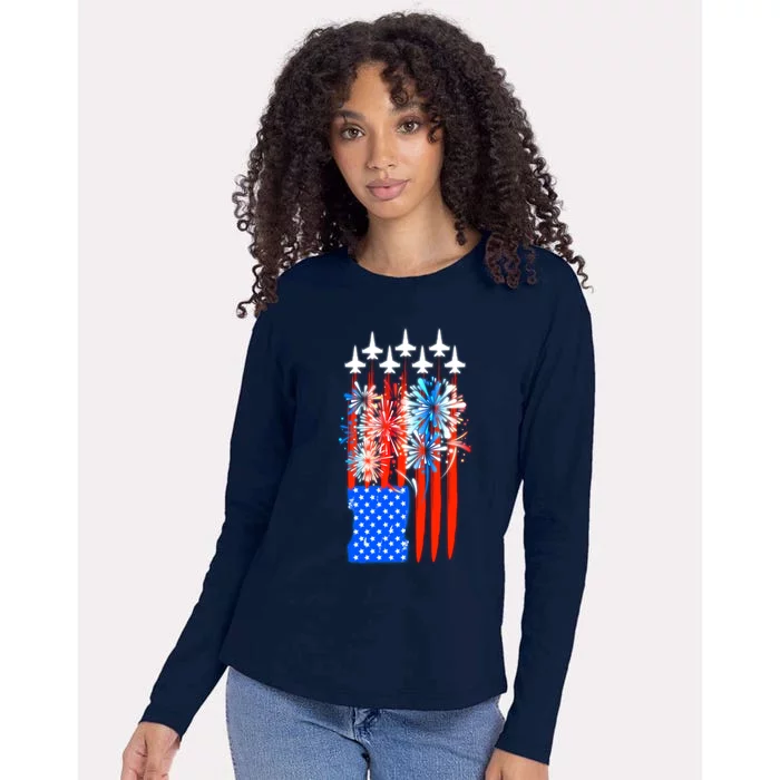 American Usa Flag Fireworks Fighter Jets Womens Cotton Relaxed Long Sleeve T-Shirt