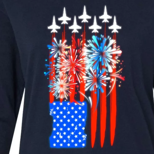 American Usa Flag Fireworks Fighter Jets Womens Cotton Relaxed Long Sleeve T-Shirt