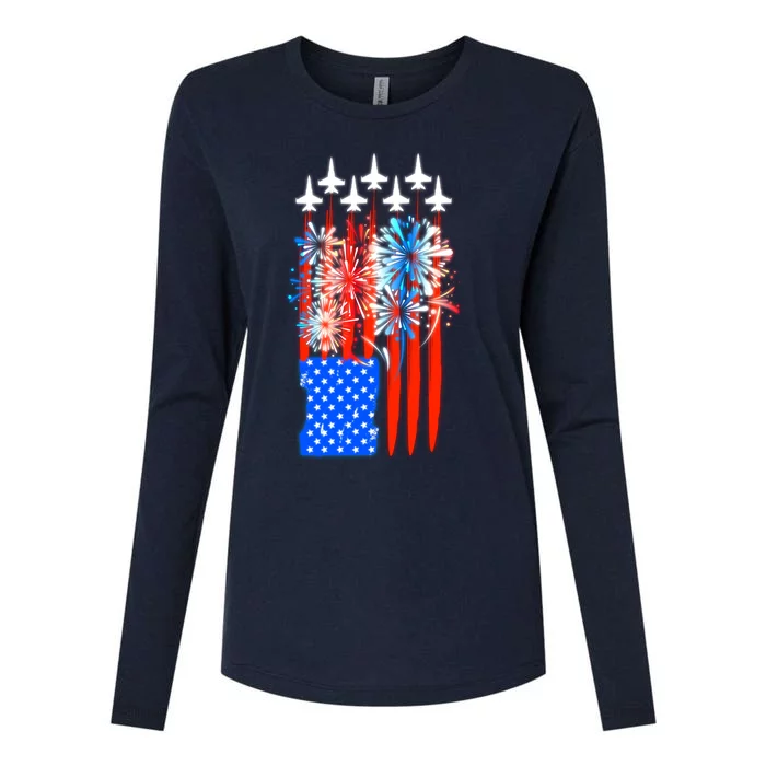 American Usa Flag Fireworks Fighter Jets Womens Cotton Relaxed Long Sleeve T-Shirt