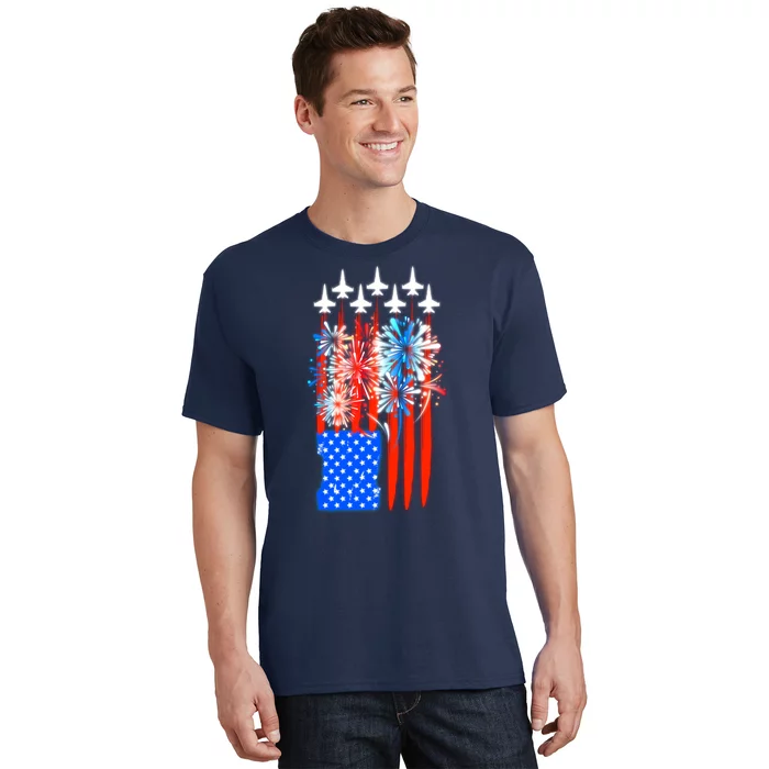 American Usa Flag Fireworks Fighter Jets T-Shirt