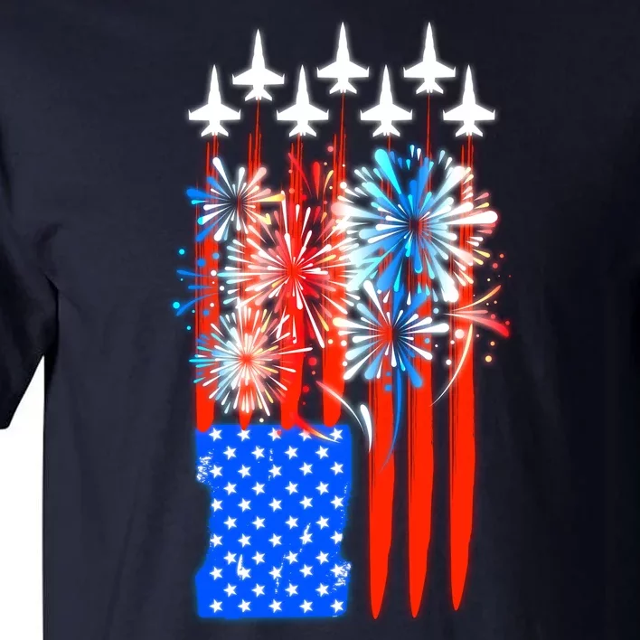 American Usa Flag Fireworks Fighter Jets Tall T-Shirt