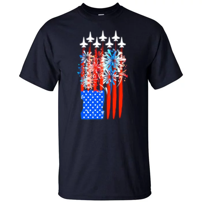 American Usa Flag Fireworks Fighter Jets Tall T-Shirt