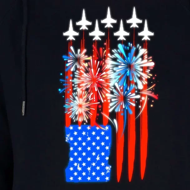 American Usa Flag Fireworks Fighter Jets Womens Funnel Neck Pullover Hood