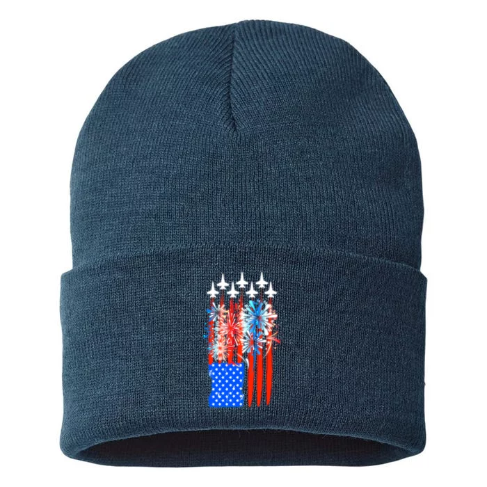 American Usa Flag Fireworks Fighter Jets Sustainable Knit Beanie