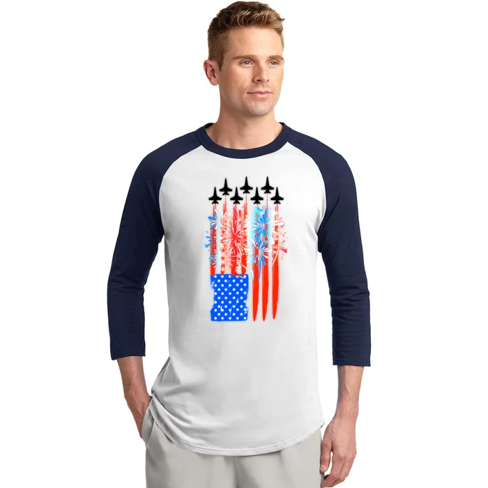 American Usa Flag Fireworks Fighter Jets Baseball Sleeve Shirt