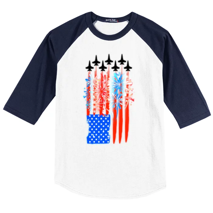 American Usa Flag Fireworks Fighter Jets Baseball Sleeve Shirt