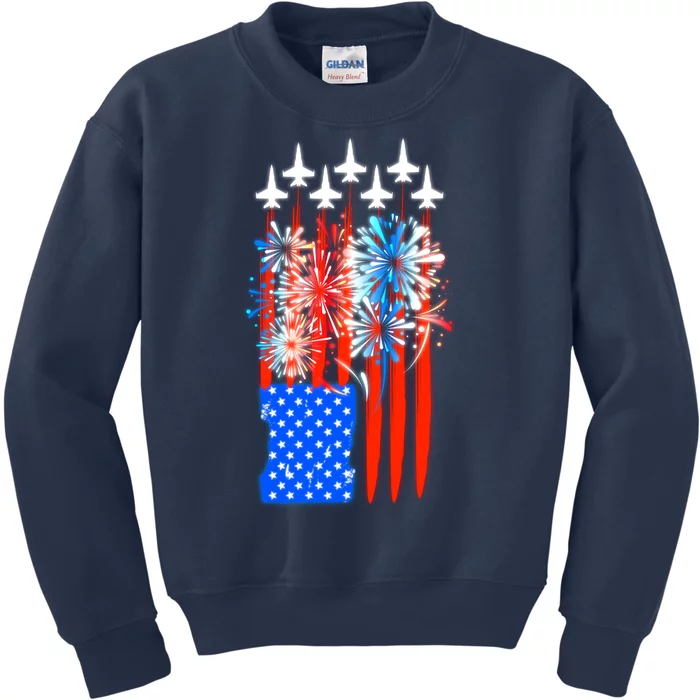 American Usa Flag Fireworks Fighter Jets Kids Sweatshirt