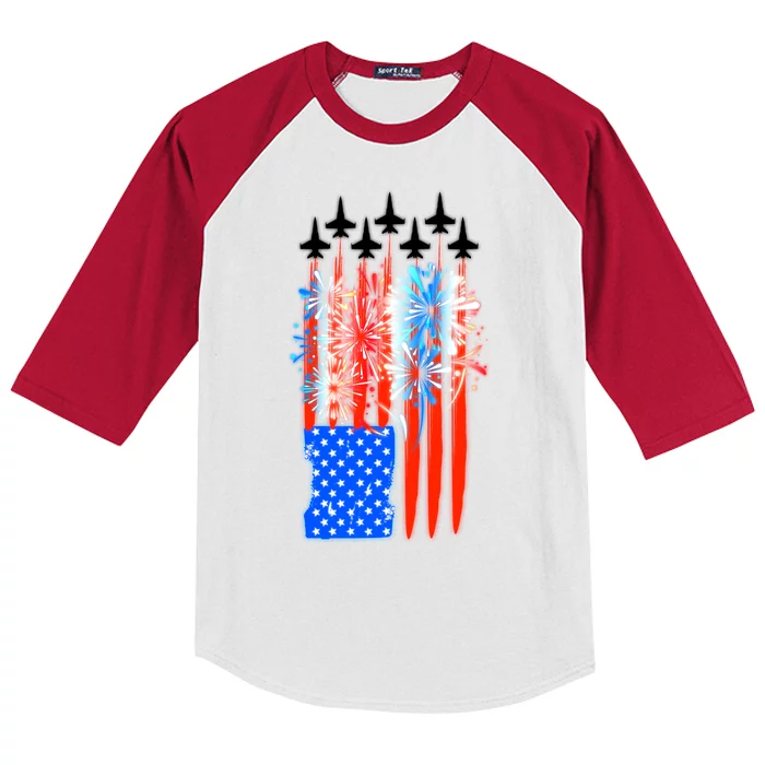 American Usa Flag Fireworks Fighter Jets Kids Colorblock Raglan Jersey