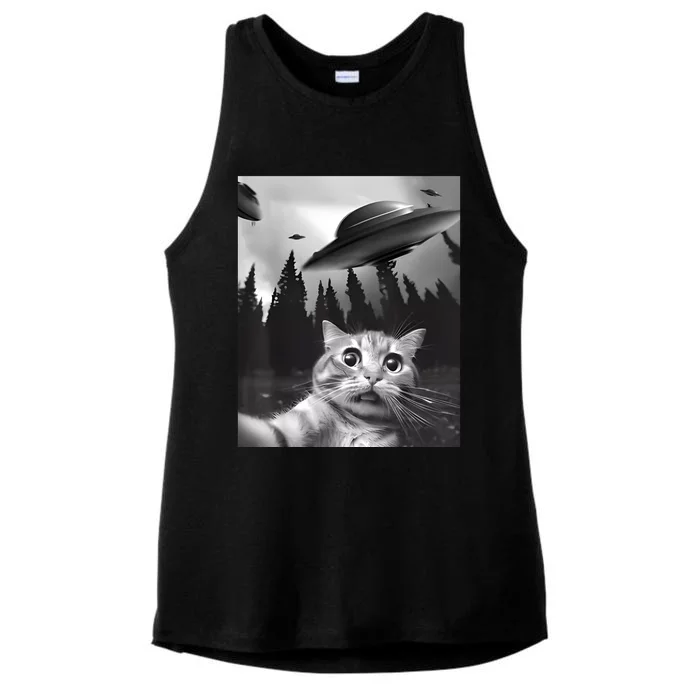 Alien UFO Funny Cat Selfie Ladies Tri-Blend Wicking Tank