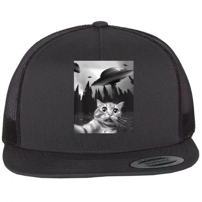 Alien UFO Funny Cat Selfie Flat Bill Trucker Hat