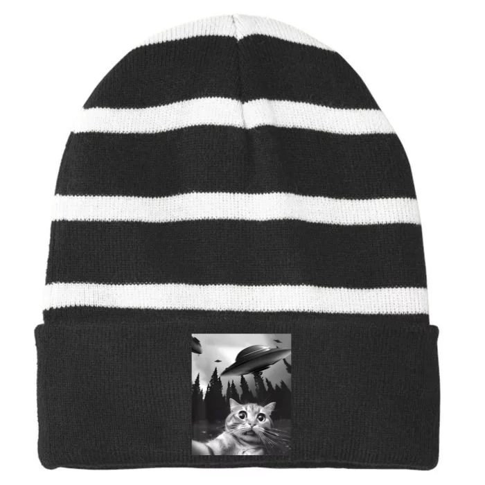 Alien UFO Funny Cat Selfie Striped Beanie with Solid Band