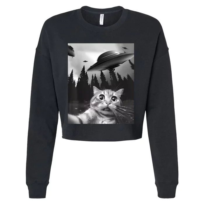 Alien UFO Funny Cat Selfie Cropped Pullover Crew