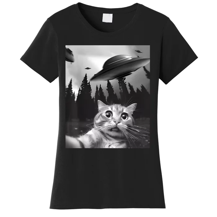 Alien UFO Funny Cat Selfie Women's T-Shirt