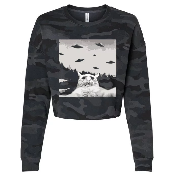 Alien UFO Funny Cat Cropped Pullover Crew