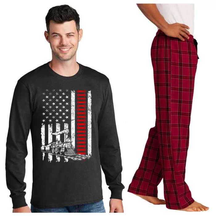 American Usa Flag Train Railroad Railway Worker Patriotic Gift Long Sleeve Pajama Set