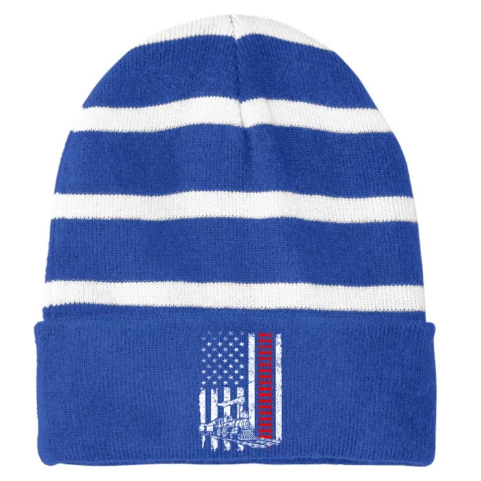 American Usa Flag Train Railroad Railway Worker Patriotic Gift Striped Beanie with Solid Band