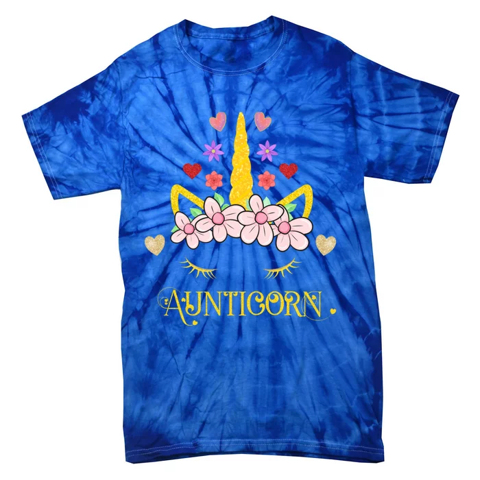 Aunt Unicorn Face Aunticorn Auntie Floral Hearts Aunty Gift Tie-Dye T-Shirt