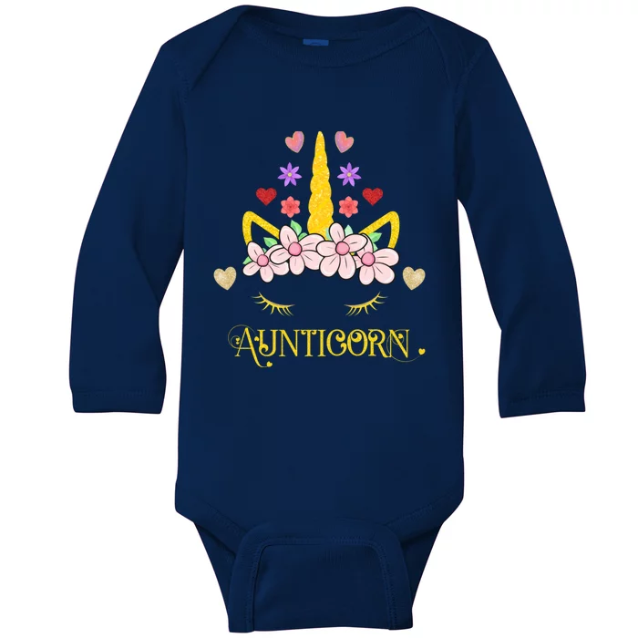 Aunt Unicorn Face Aunticorn Auntie Floral Hearts Aunty Gift Baby Long Sleeve Bodysuit