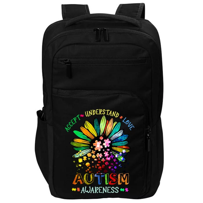 Accept Understand Love Autism Awareness Sunflower Puzzle Pieces Impact Tech Backpack