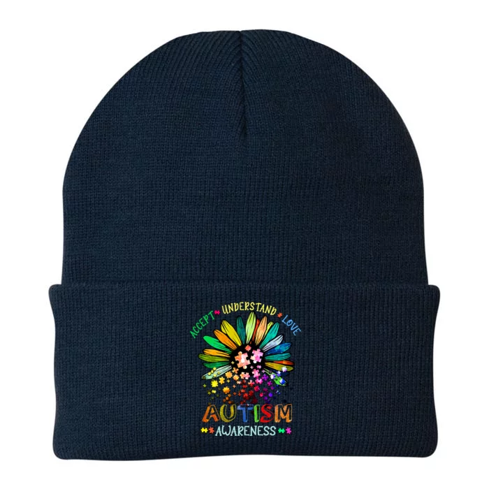 Accept Understand Love Autism Awareness Sunflower Puzzle Pieces Knit Cap Winter Beanie