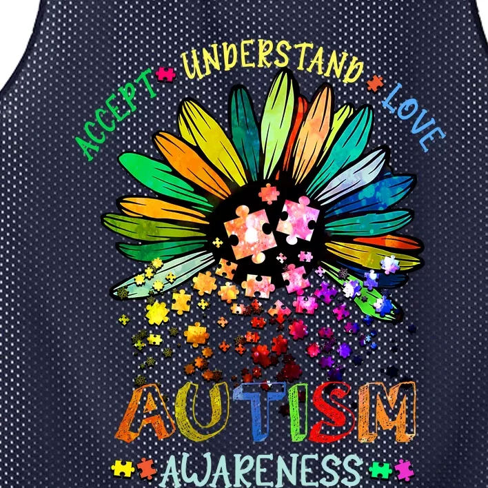 Accept Understand Love Autism Awareness Sunflower Puzzle Pieces Mesh Reversible Basketball Jersey Tank