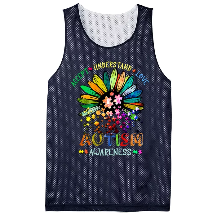 Accept Understand Love Autism Awareness Sunflower Puzzle Pieces Mesh Reversible Basketball Jersey Tank