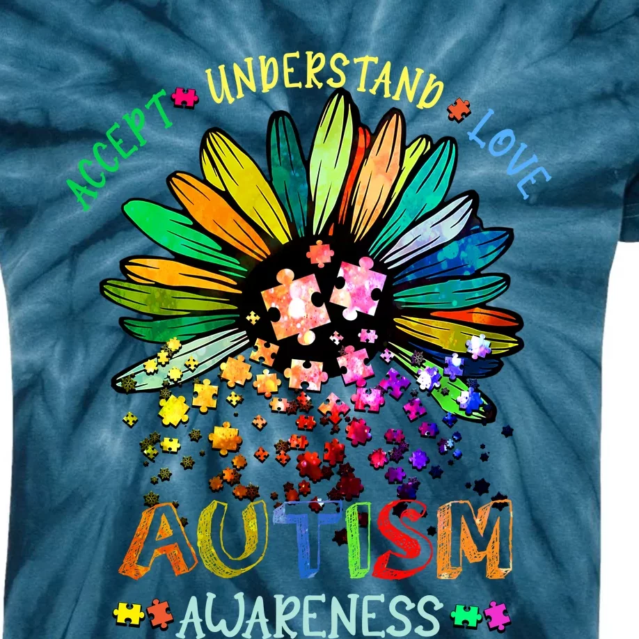 Accept Understand Love Autism Awareness Sunflower Puzzle Pieces Kids Tie-Dye T-Shirt